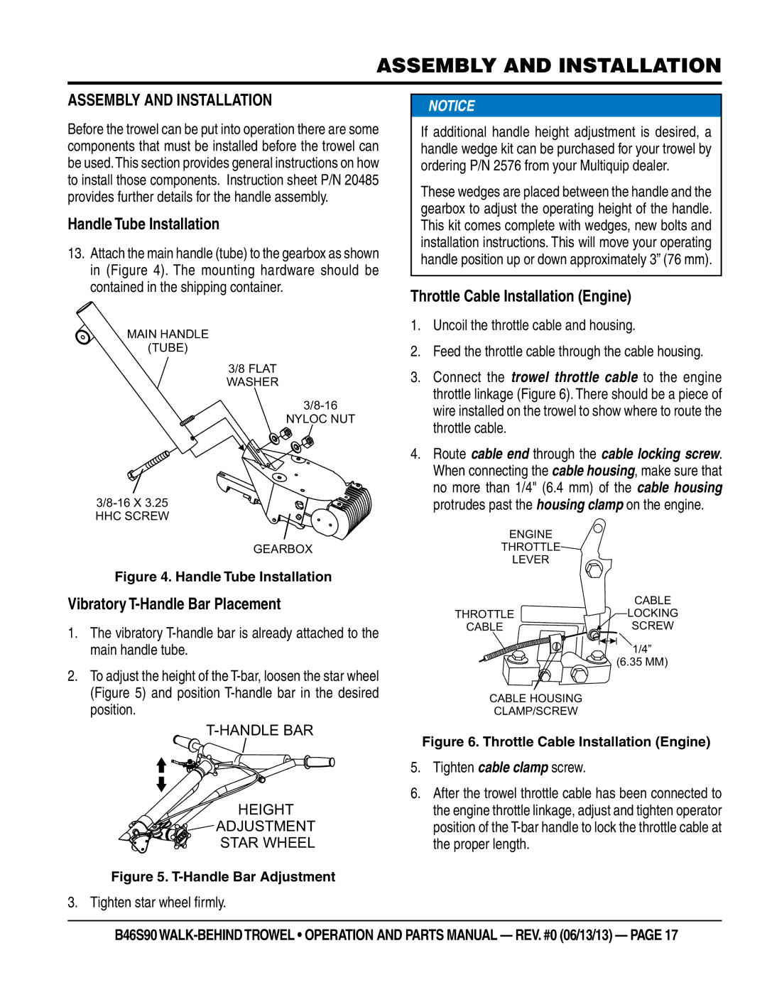 Multiquip b46s90 manual Assembly and installation, Assembly and Installation, Handle Tube Installation 