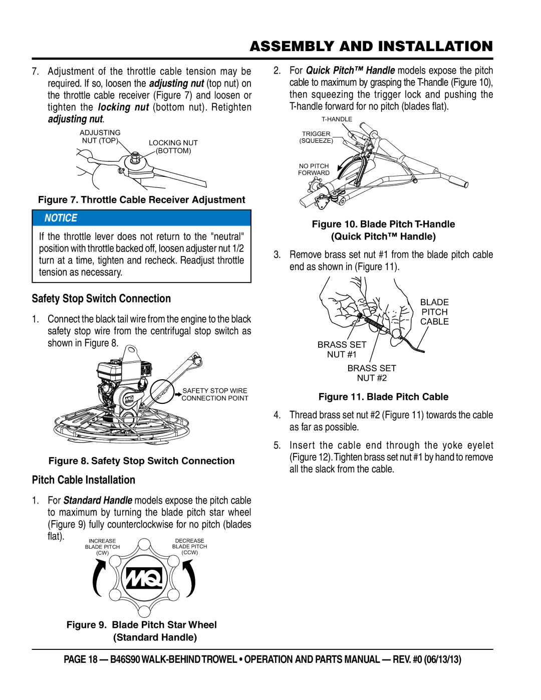 Multiquip b46s90 Safety Stop Switch Connection, Pitch Cable Installation, Flat, Handle forward for no pitch blades flat 