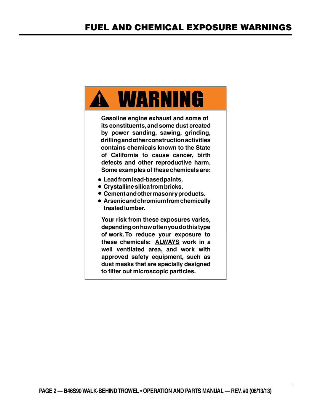 Multiquip b46s90 manual Fuel and chemical exposure Warnings 