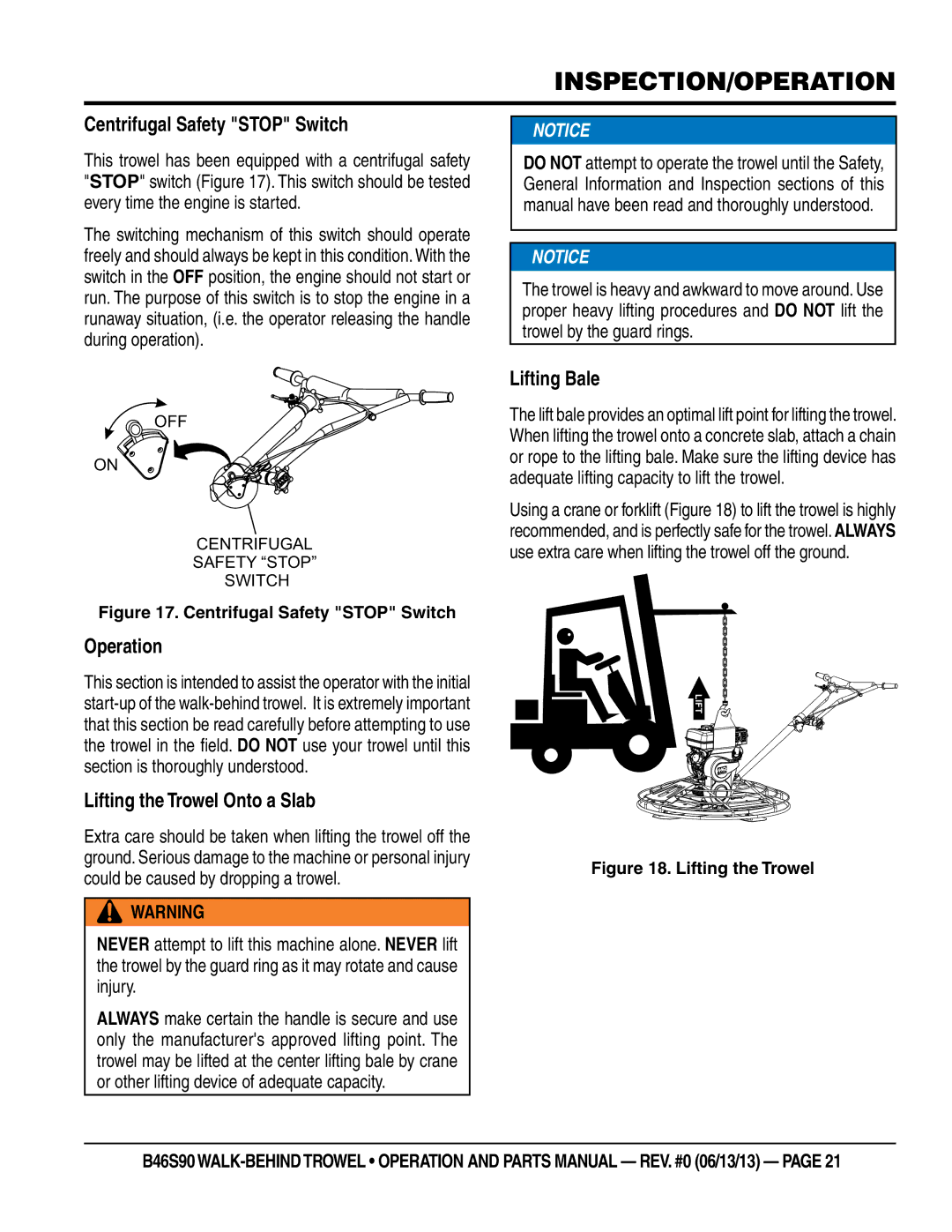 Multiquip b46s90 manual Inspection/operation, Operation, Lifting the Trowel Onto a Slab, Lifting Bale 