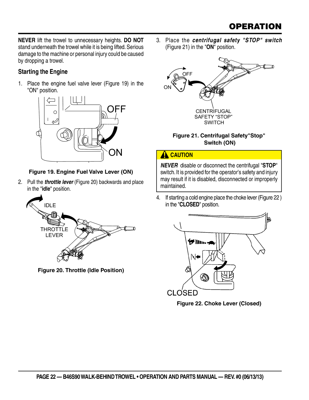 Multiquip b46s90 manual Operation, Starting the Engine, Place the engine fuel valve lever in the on position 