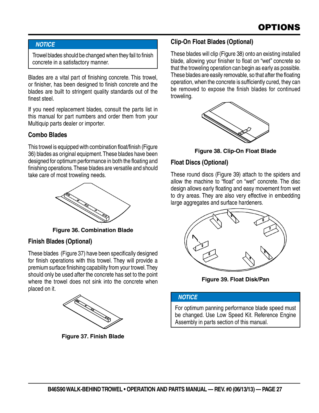 Multiquip b46s90 manual Options, Combo Blades, Clip-On Float Blades Optional, Float Discs Optional, Finish Blades Optional 