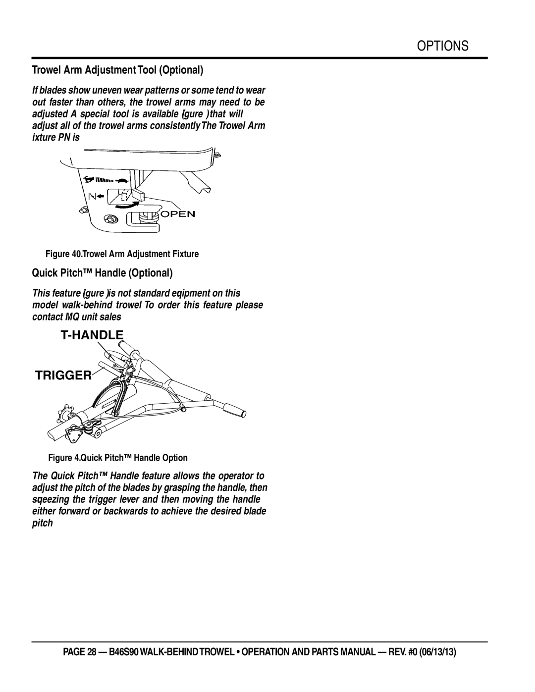 Multiquip b46s90 manual Trowel Arm Adjustment Tool Optional, Quick Pitch Handle Optional 