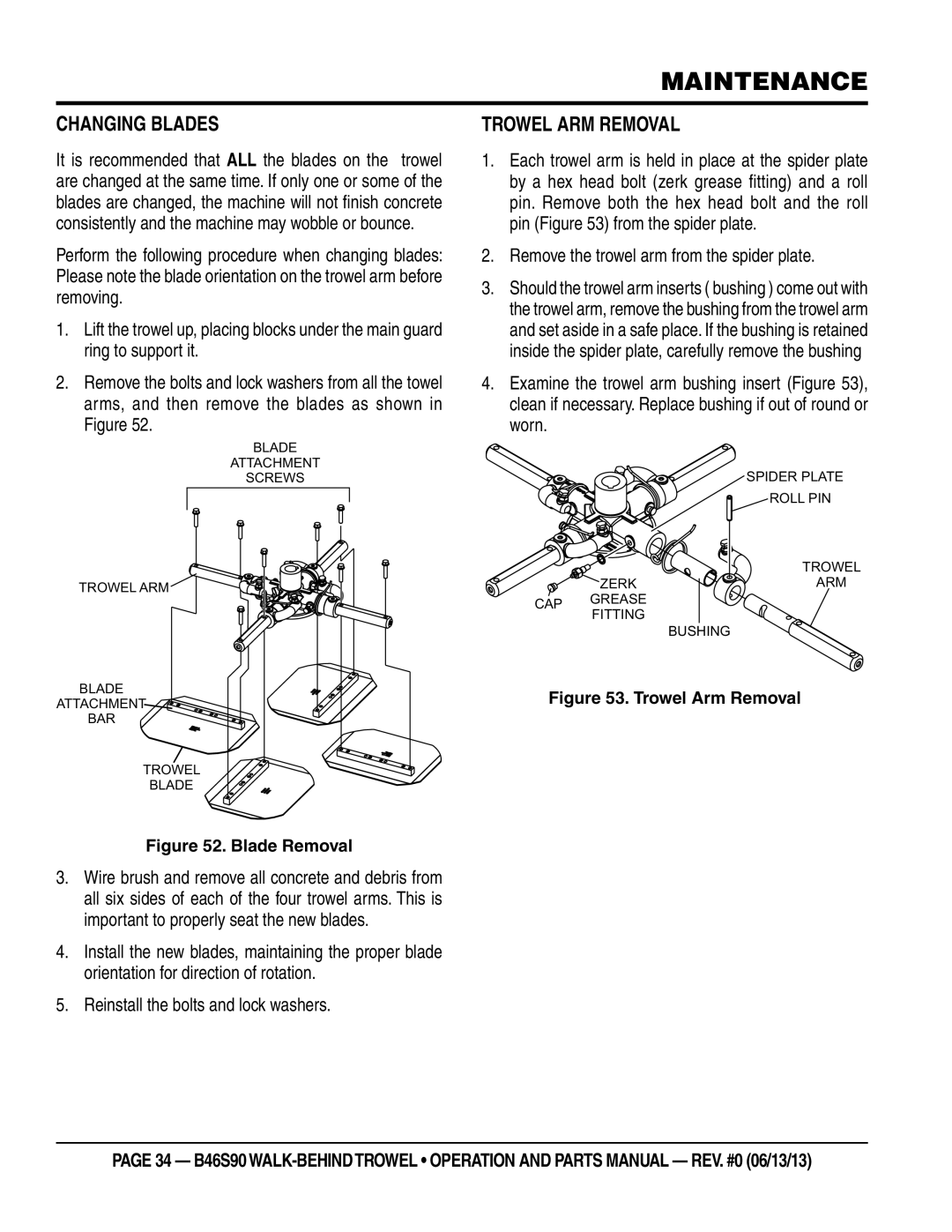 Multiquip b46s90 manual Changing blades, Trowel arm removal, Remove the trowel arm from the spider plate 