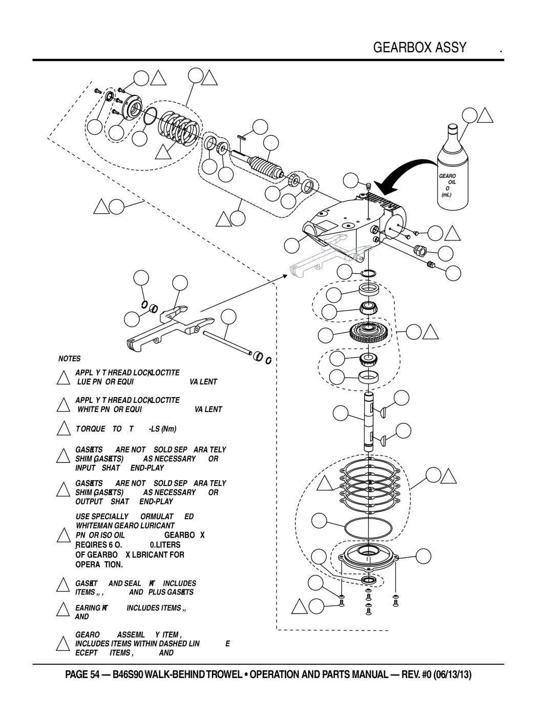 Multiquip b46s90 manual Gearbox Assy, Requires 26 OZ .8 Liters Gearbox Lubricant for Operation 