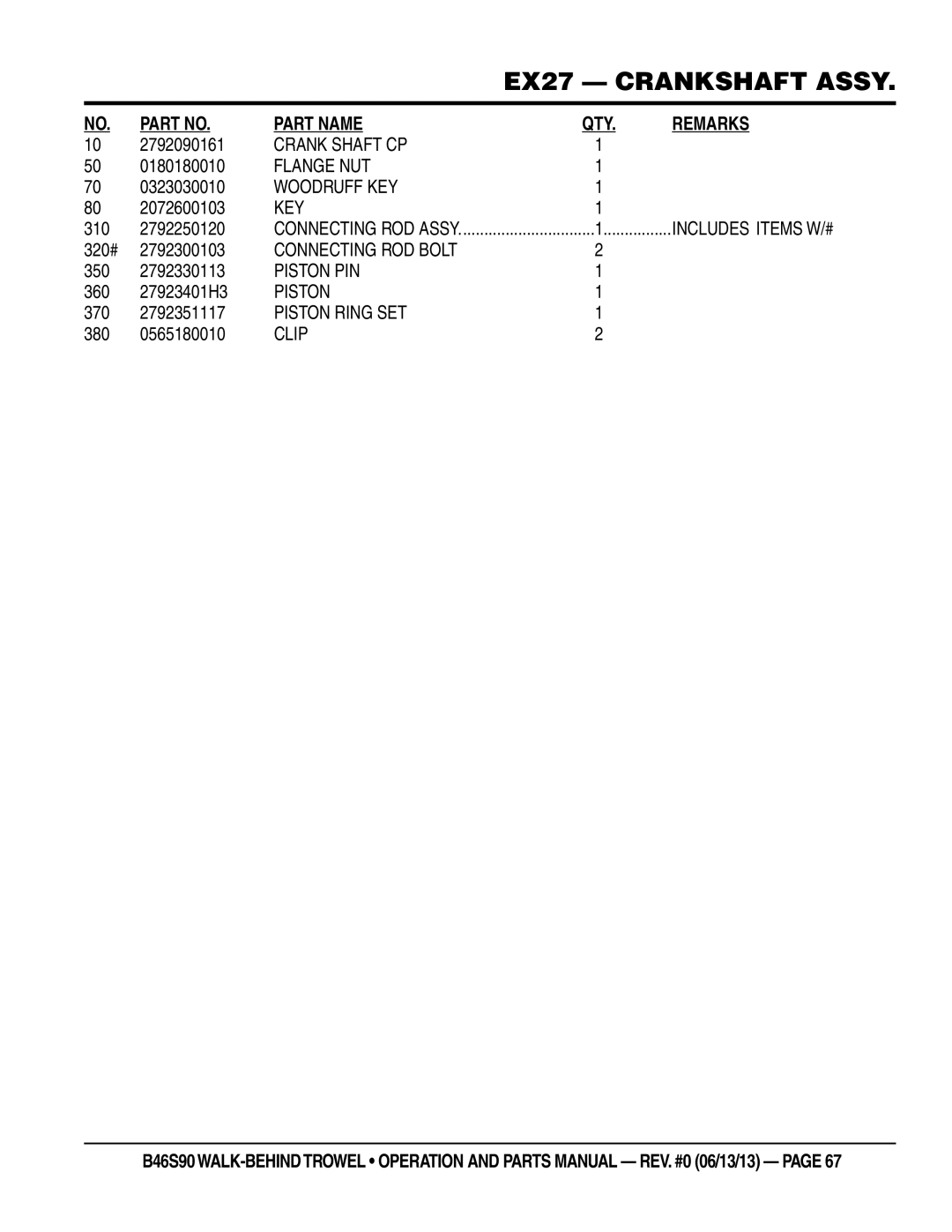 Multiquip b46s90 manual 2792090161, 0180180010, 0323030010, 2072600103, 310 2792250120, 2792300103, 350 2792330113 