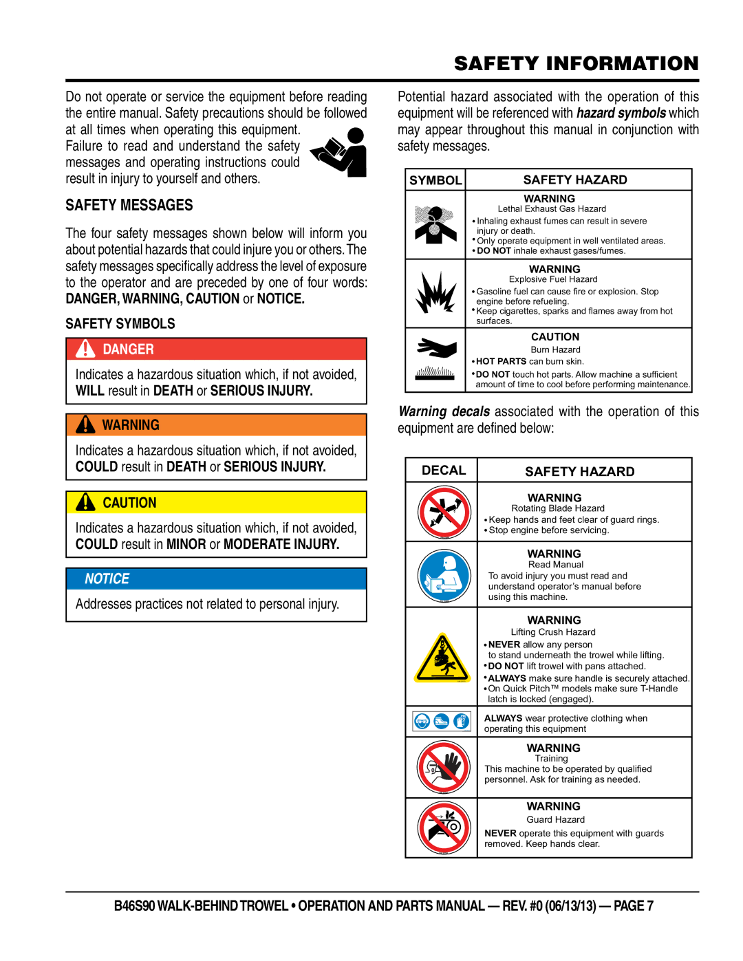 Multiquip b46s90 manual Safety Information, SaFeTy meSSageS 