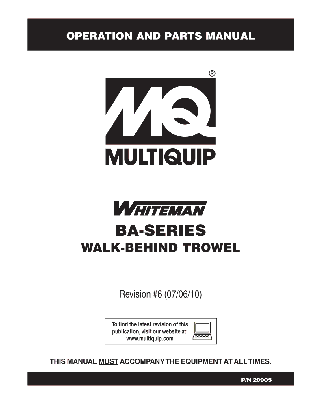 Multiquip manual BA-SERIES WALK-BEHIND Trowel 