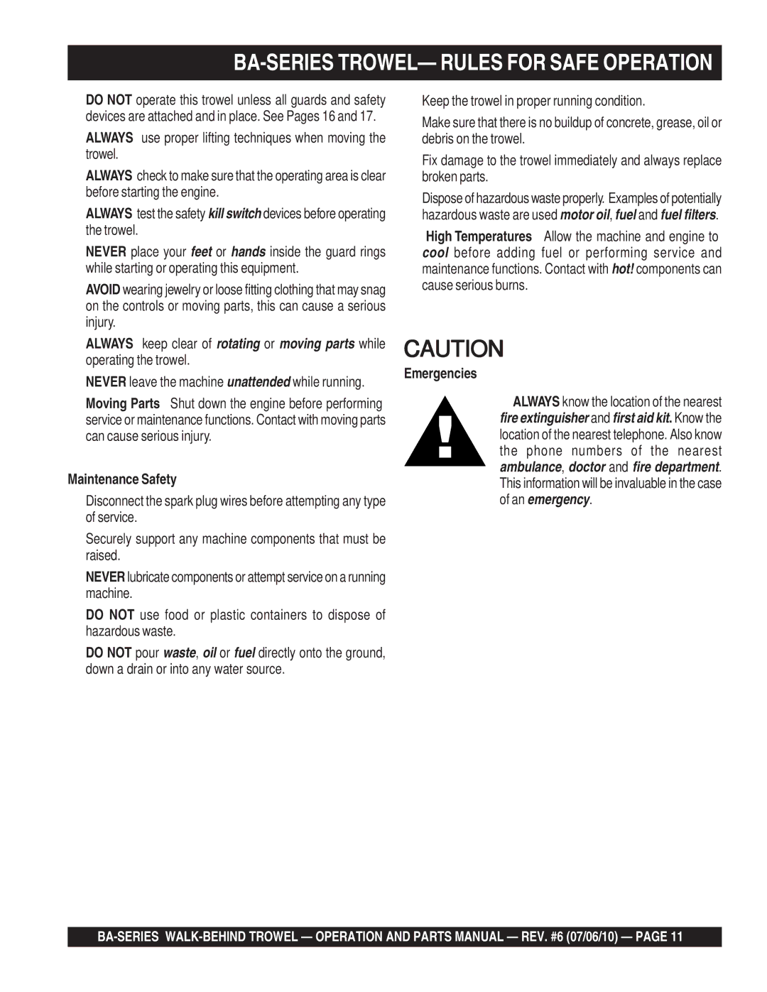 Multiquip manual BA-SERIES TROWEL- Rules for Safe Operation, Maintenance Safety, Emergencies 