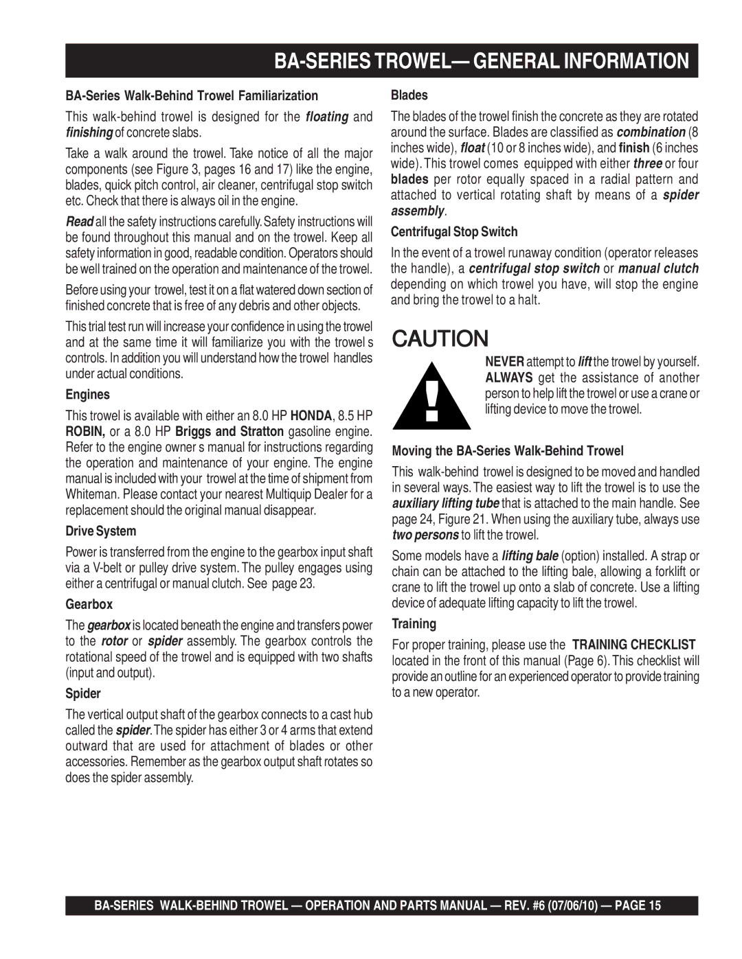 Multiquip manual BA-SERIES TROWEL- General Information 