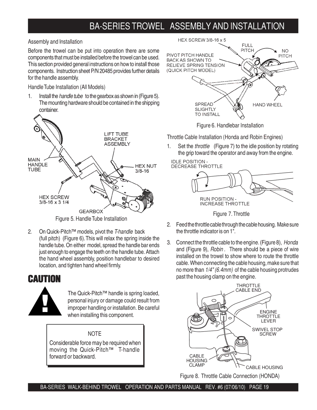 Multiquip manual BA-SERIES Trowel Assembly and Installation, HandleTube Installation All Models 