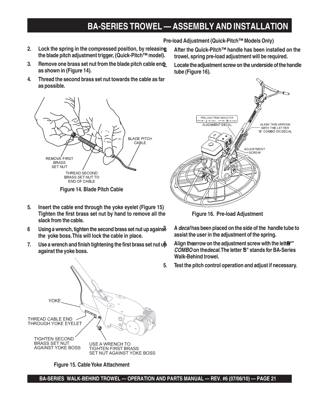 Multiquip manual BA-SERIES Trowel Assembly and Installation, Blade Pitch Cable 