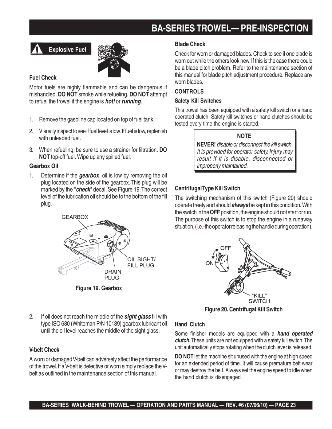 Multiquip BA manual Ba-Series Trowel- Pre-Inspection 