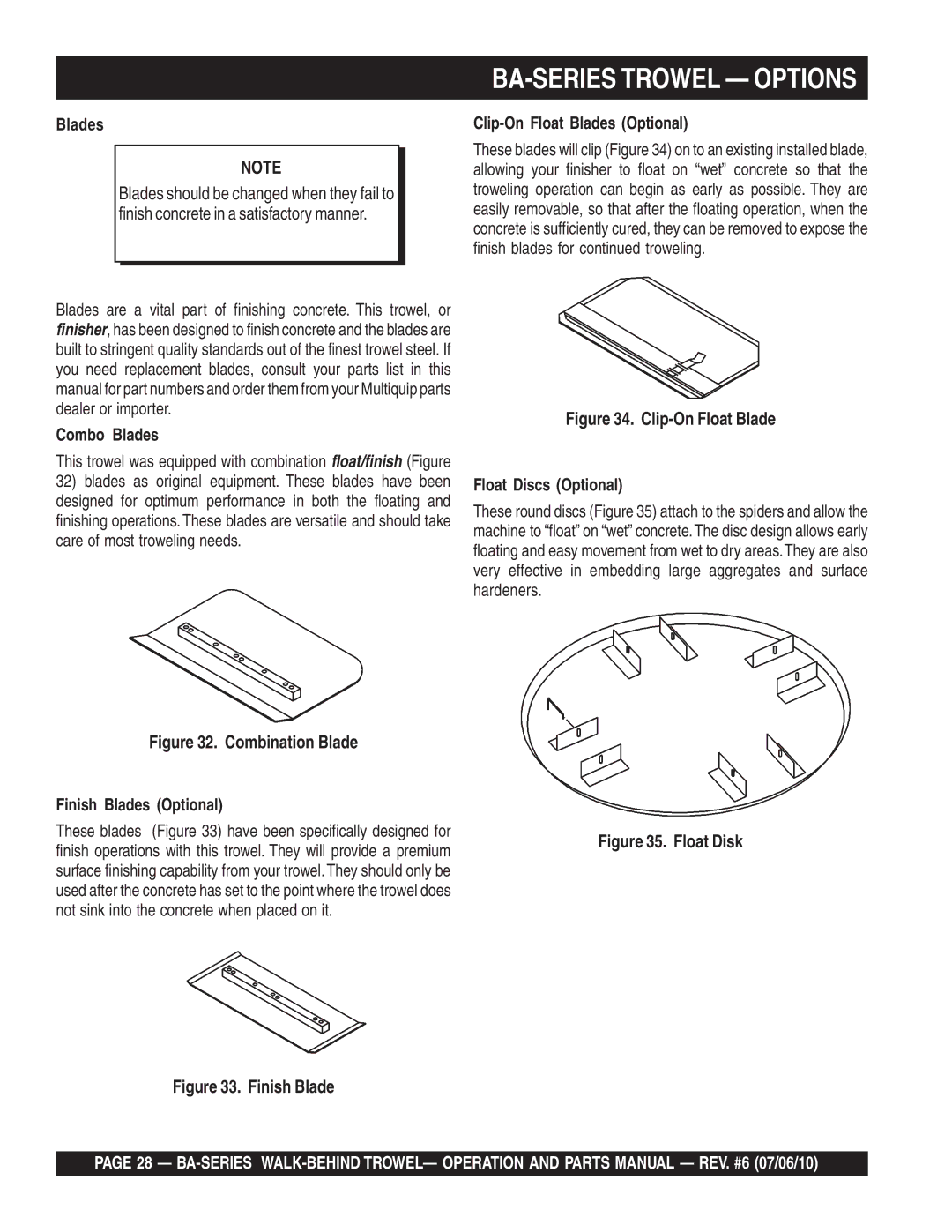 Multiquip manual BA-SERIES Trowel Options, Clip-On Float Blades Optional, Combo Blades 