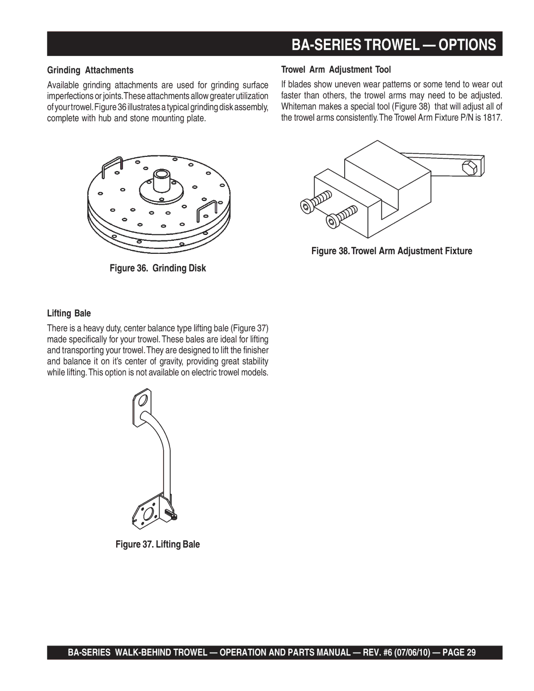 Multiquip BA manual Grinding Attachments, Trowel Arm Adjustment Tool 