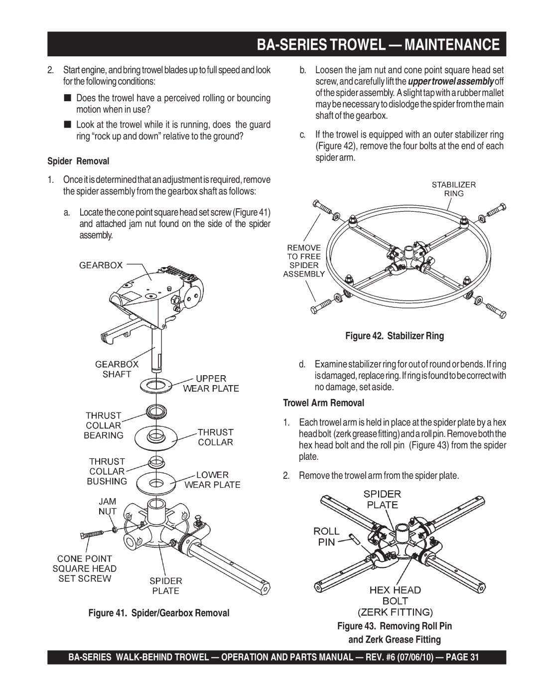 Multiquip manual BA-SERIES Trowel Maintenance, Spider Removal, Trowel Arm Removal 