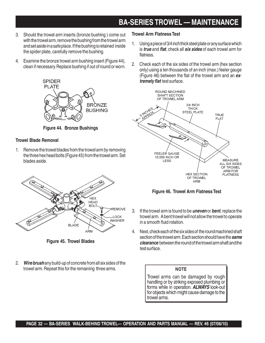 Multiquip BA manual Bronze Bushings Trowel Blade Removal, Trowel Arm Flatness Test 