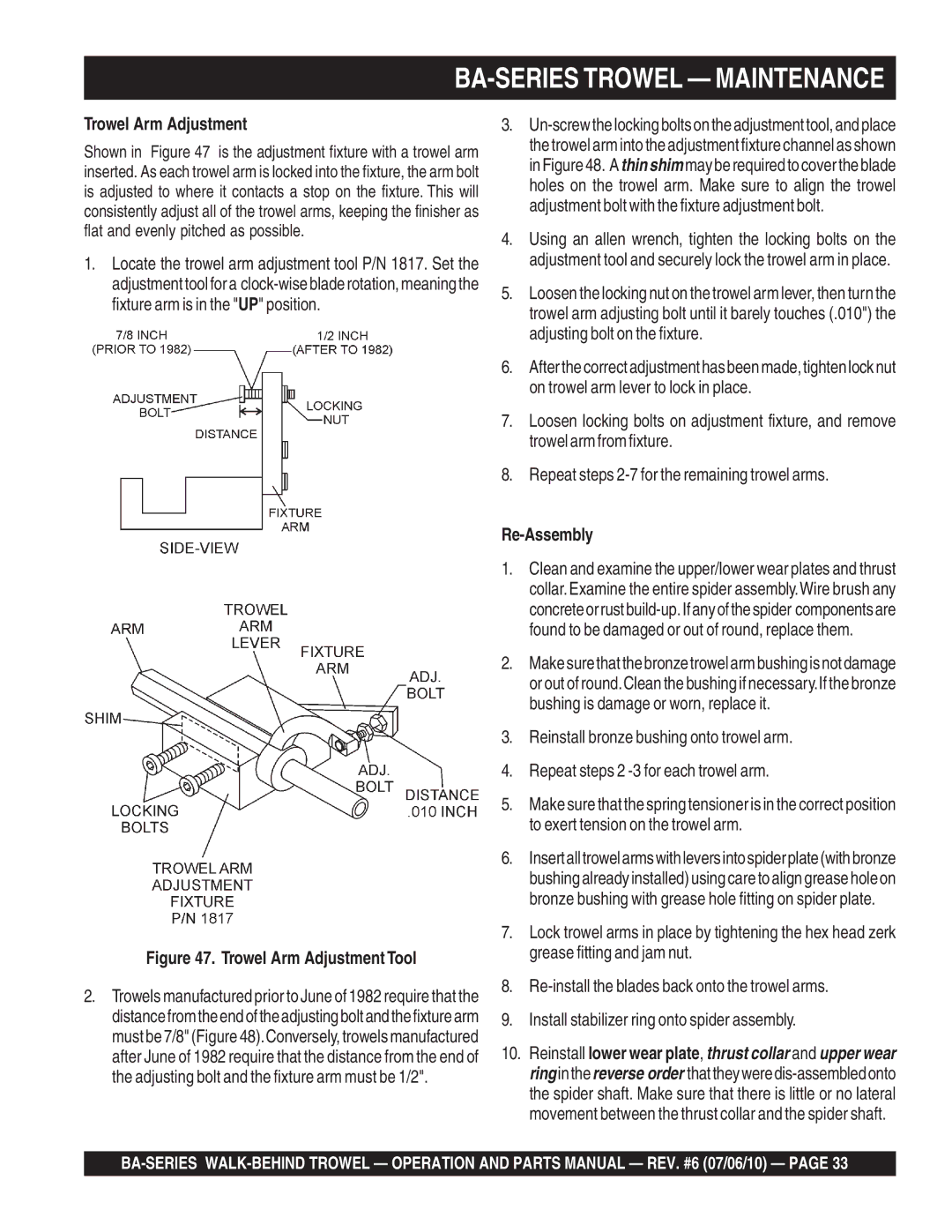 Multiquip BA manual Trowel Arm Adjustment, Re-Assembly 