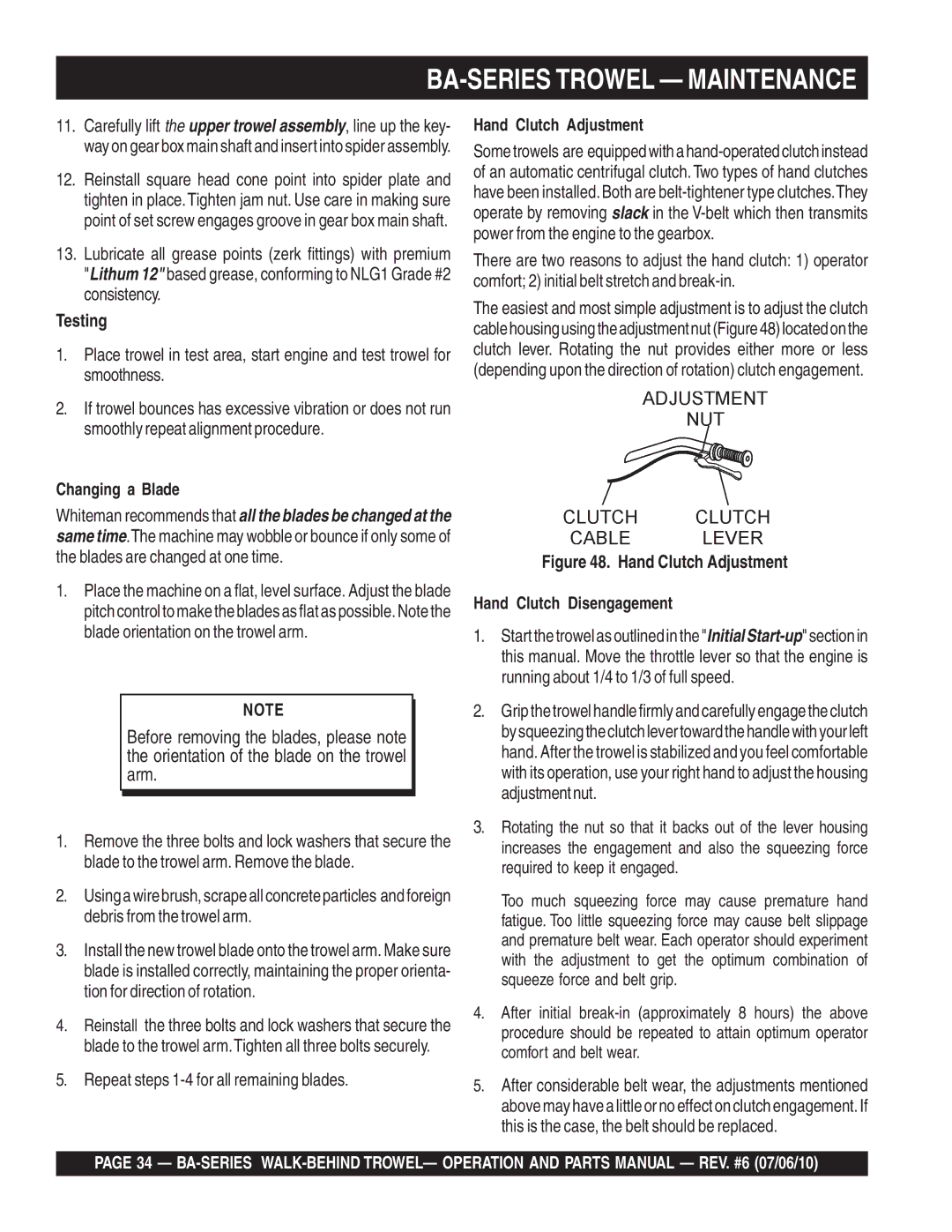 Multiquip BA manual Testing, Changing a Blade, Hand Clutch Adjustment 