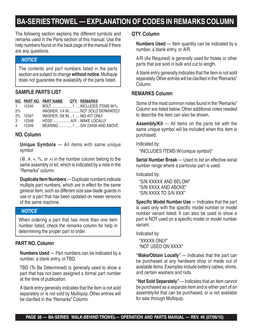 Multiquip manual BA-SERIESTROWEL Explanation of Codes in Remarks Column, Xxxxx only Not Used on 