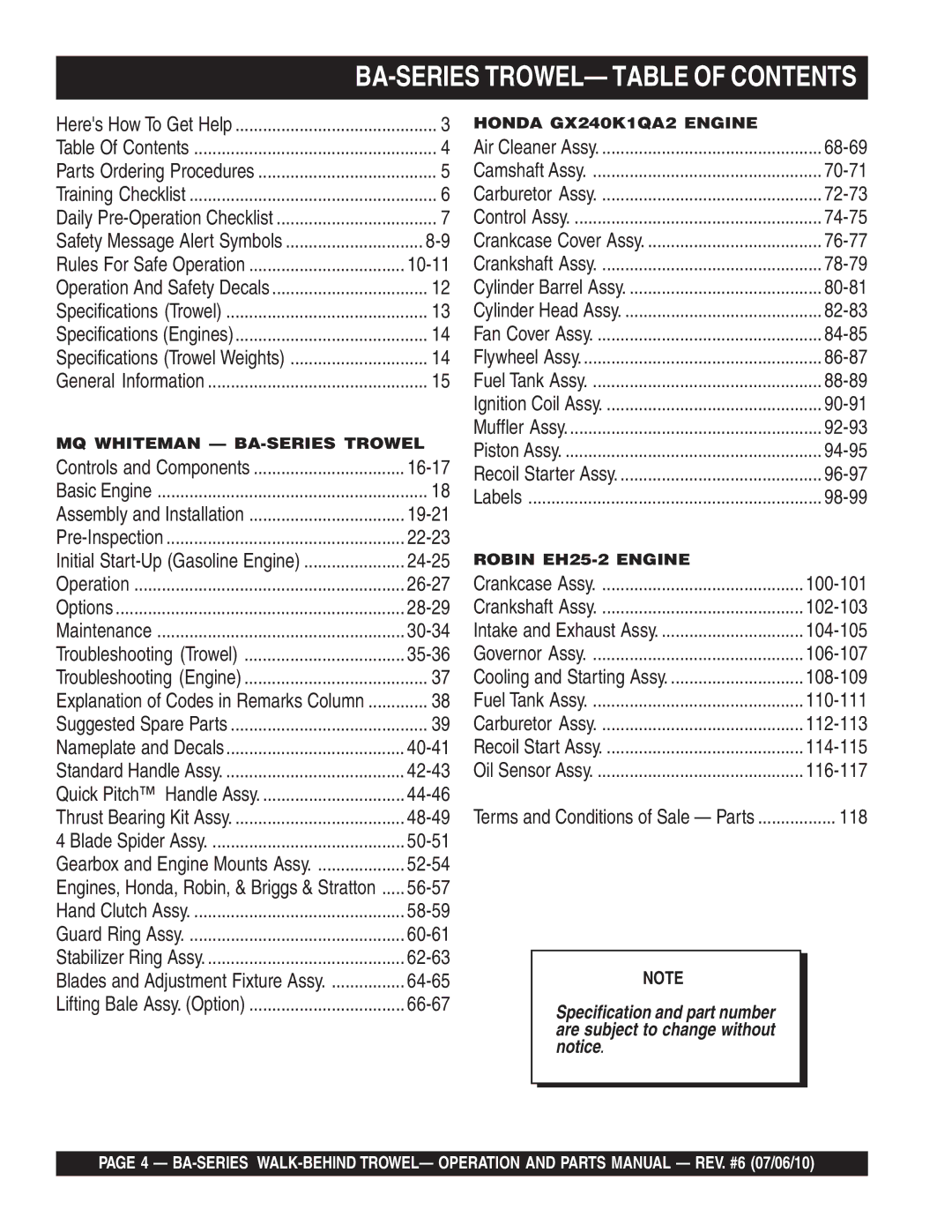 Multiquip manual BA-SERIES TROWEL- Table of Contents 