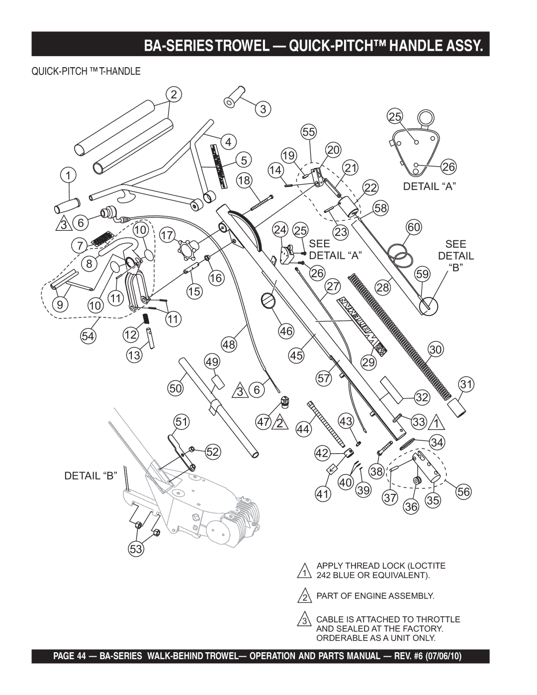 Multiquip manual BA-SERIESTROWEL QUICK-PITCH Handle Assy, QUICK-PITCH T-HANDLE Detail B Detail a See 