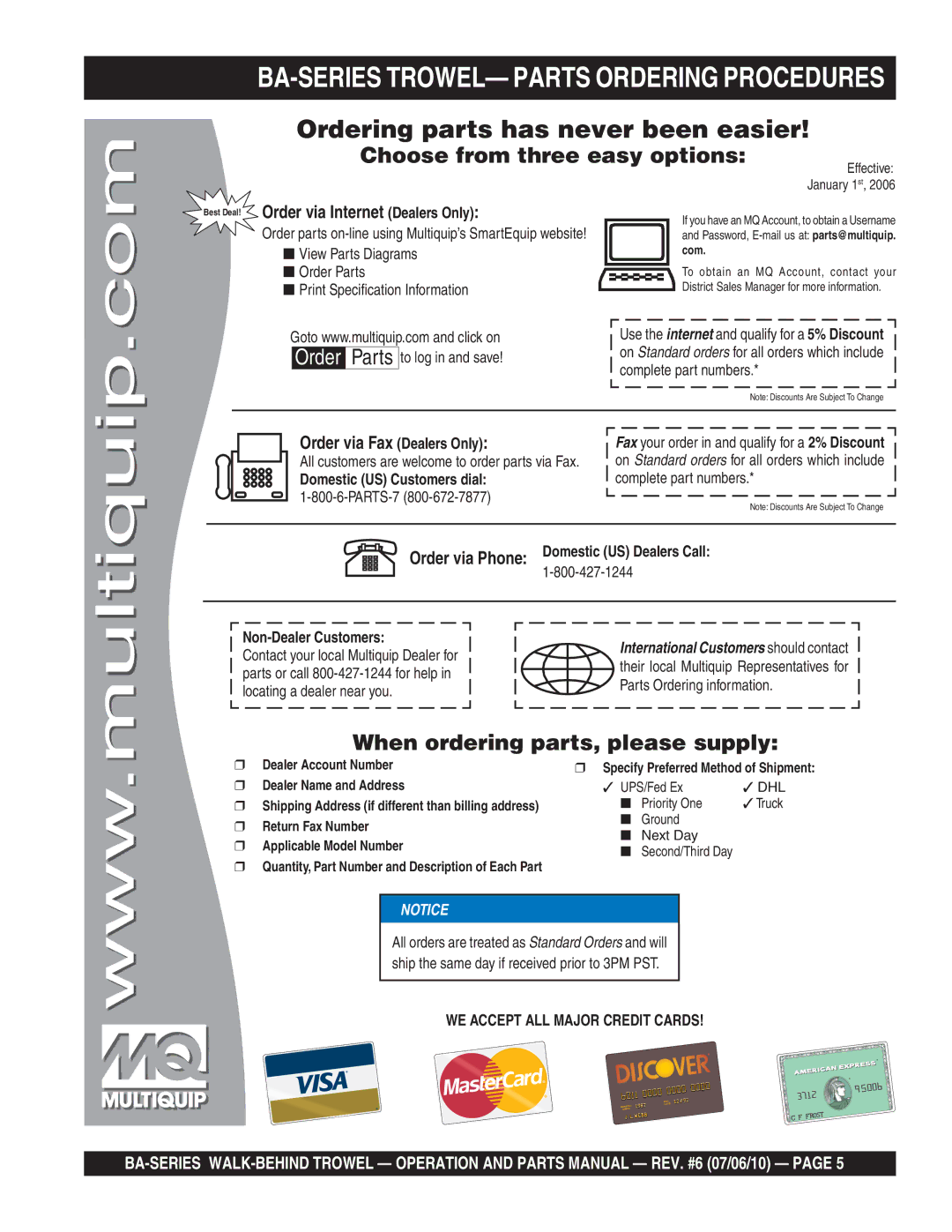 Multiquip manual BA-SERIES TROWEL- Parts Ordering Procedures, Best Deal! Order via Internet Dealers Only 