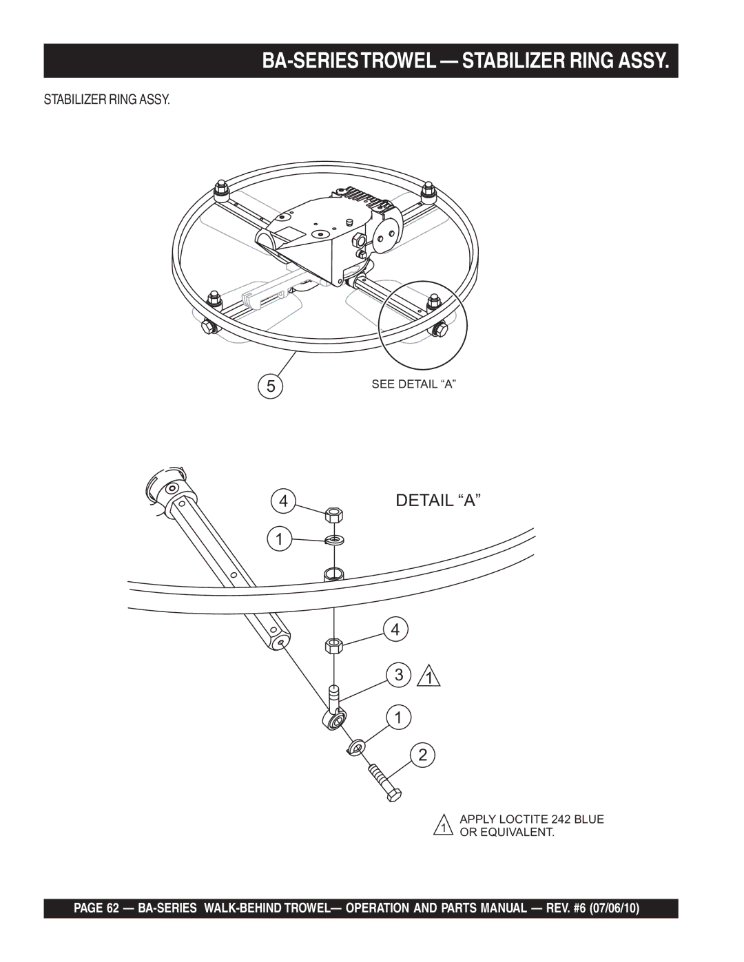 Multiquip manual BA-SERIESTROWEL Stabilizer Ring Assy, Detail a 