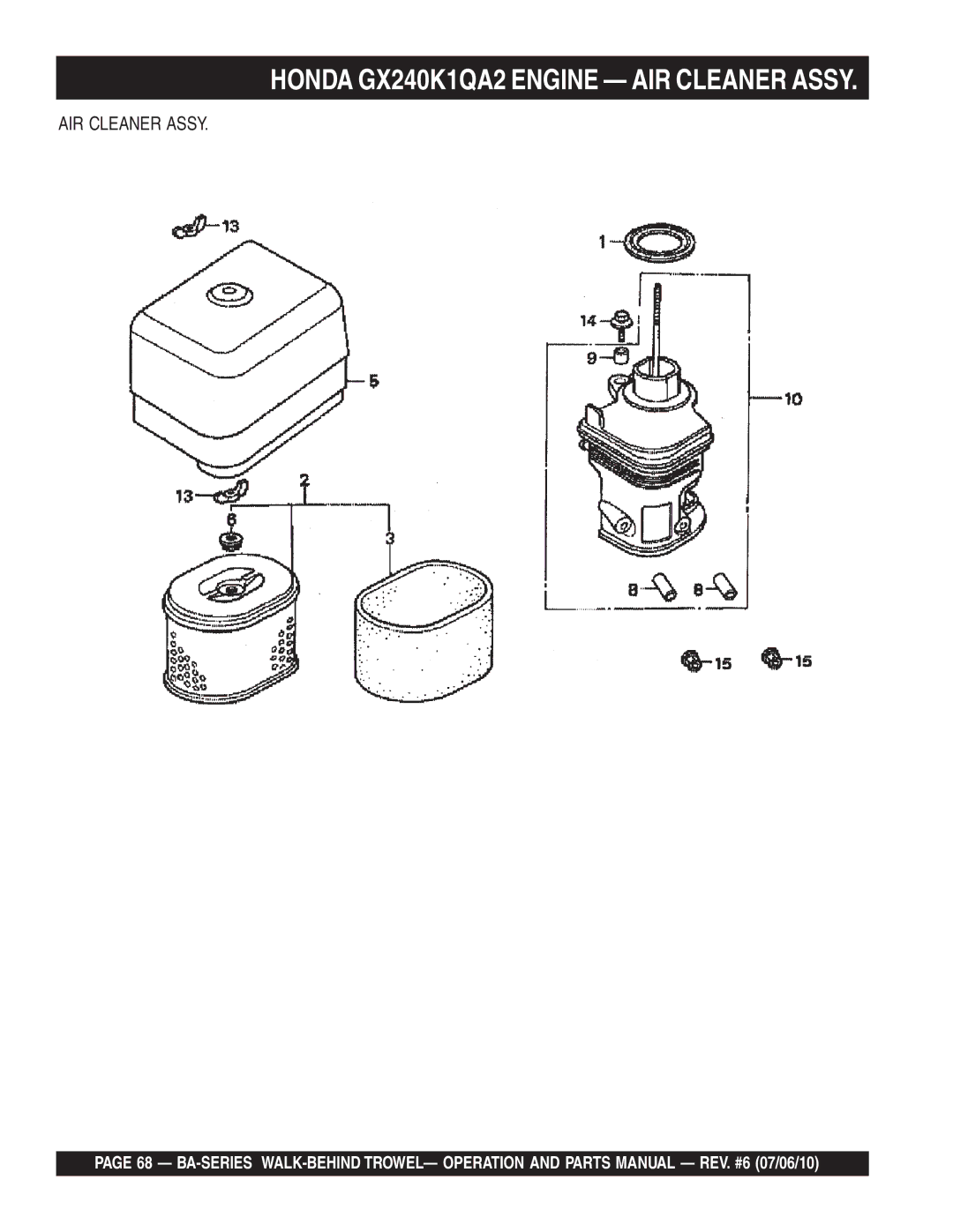 Multiquip BA manual Honda GX240K1QA2 Engine AIR Cleaner Assy 