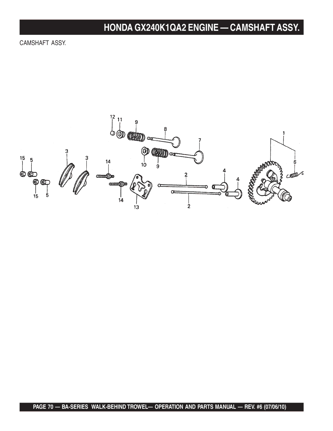 Multiquip BA manual Honda GX240K1QA2 Engine Camshaft Assy 