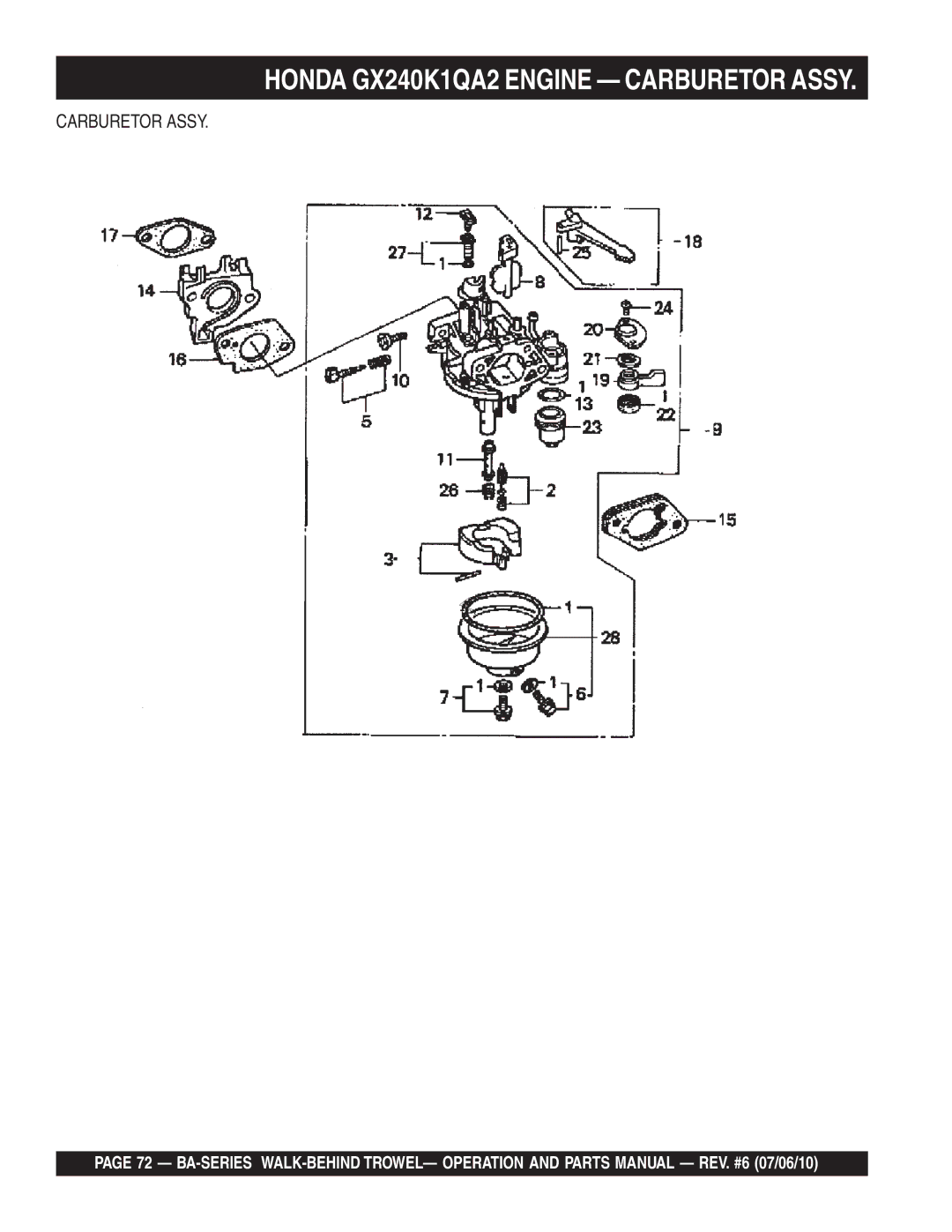 Multiquip BA manual Honda GX240K1QA2 Engine Carburetor Assy 