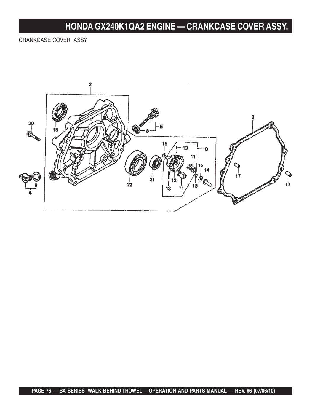 Multiquip BA manual Honda GX240K1QA2 Engine Crankcase Cover Assy 