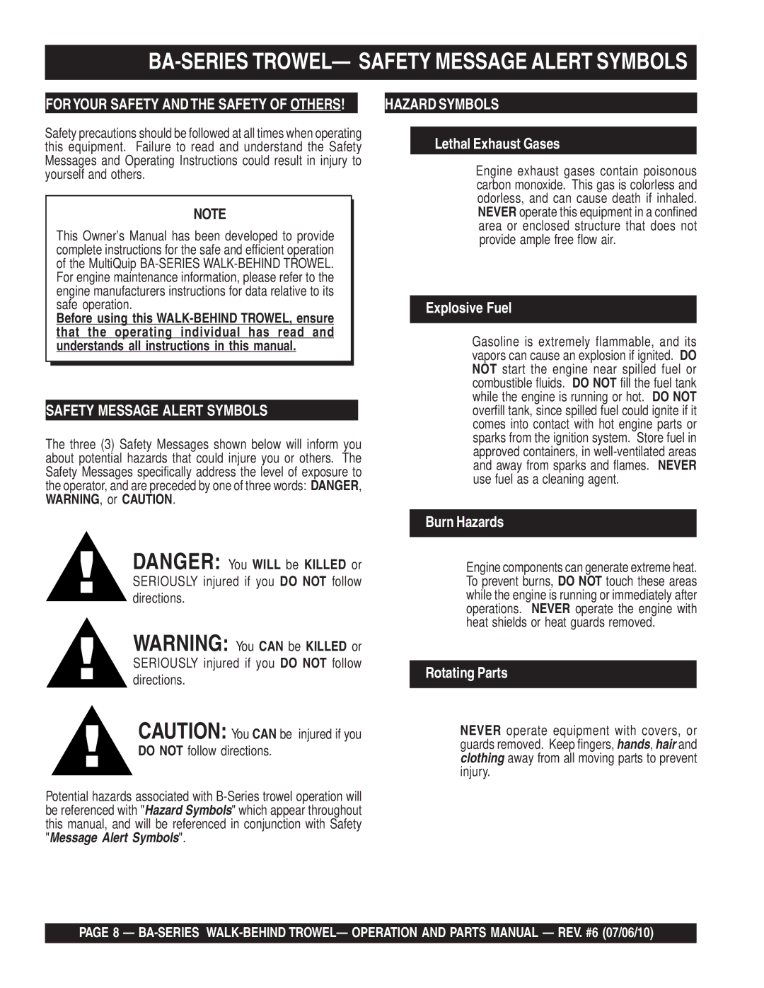 Multiquip manual BA-SERIES TROWEL- Safety Message Alert Symbols, Foryour Safety Andthe Safety of Others 