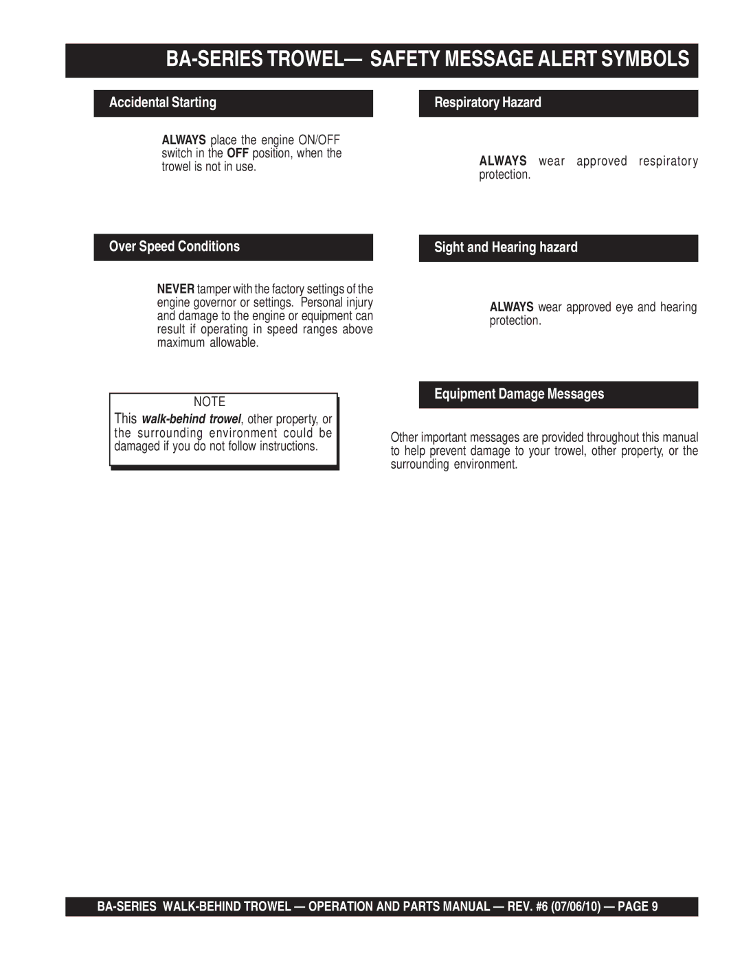 Multiquip manual BA-SERIES TROWEL- Safety Message Alert Symbols, Over Speed Conditions Sight and Hearing hazard 