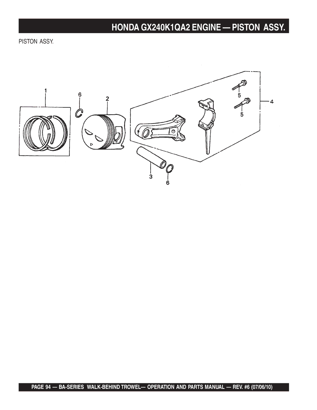 Multiquip BA manual Honda GX240K1QA2 Engine Piston Assy 