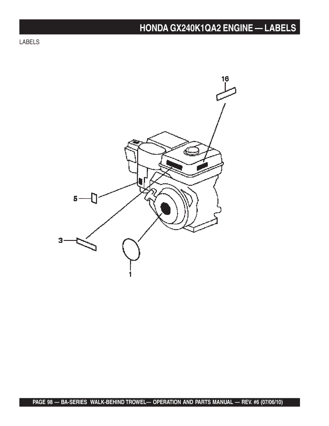 Multiquip BA manual Honda GX240K1QA2 Engine Labels 