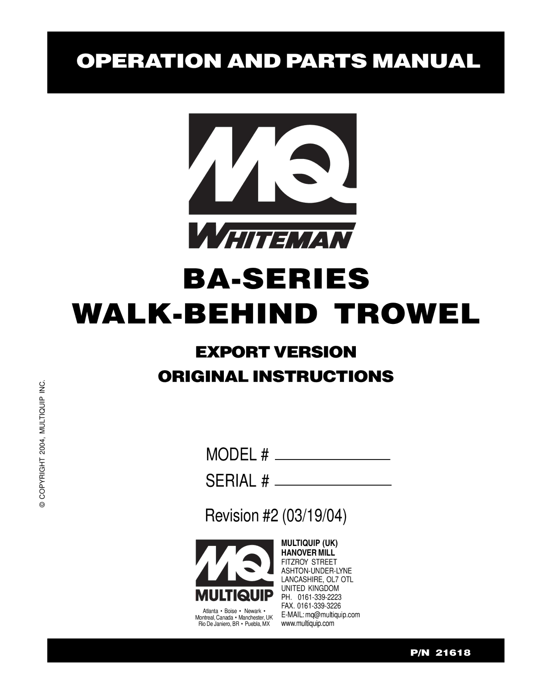 Multiquip manual BA-SERIES WALK-BEHIND Trowel 