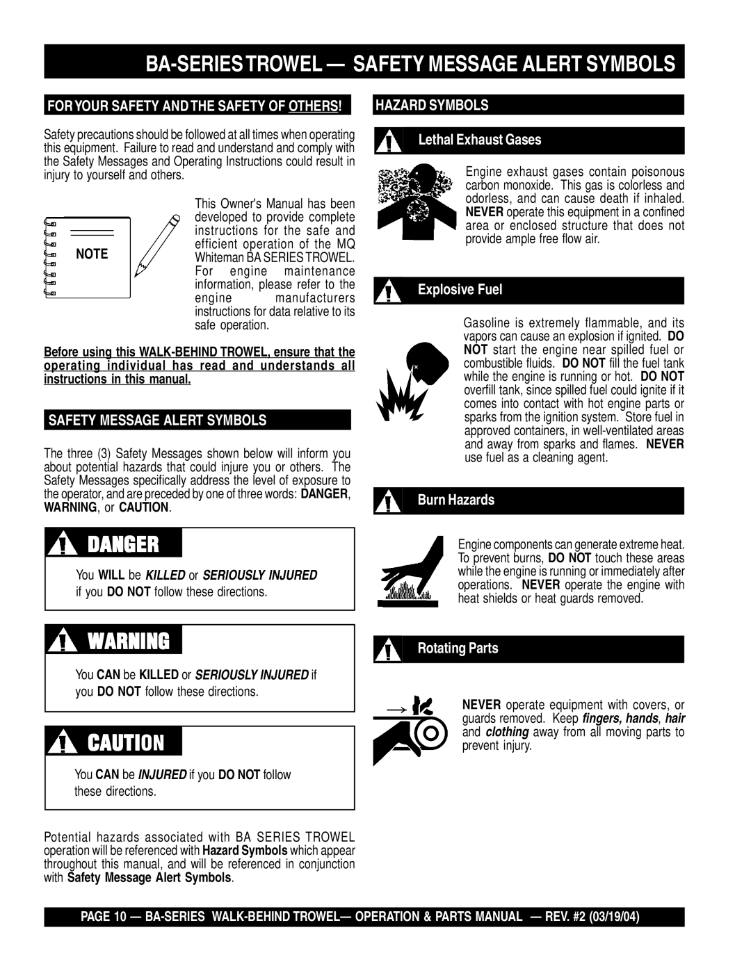 Multiquip manual BA-SERIESTROWEL Safety Message Alert Symbols, If you do not follow these directions 