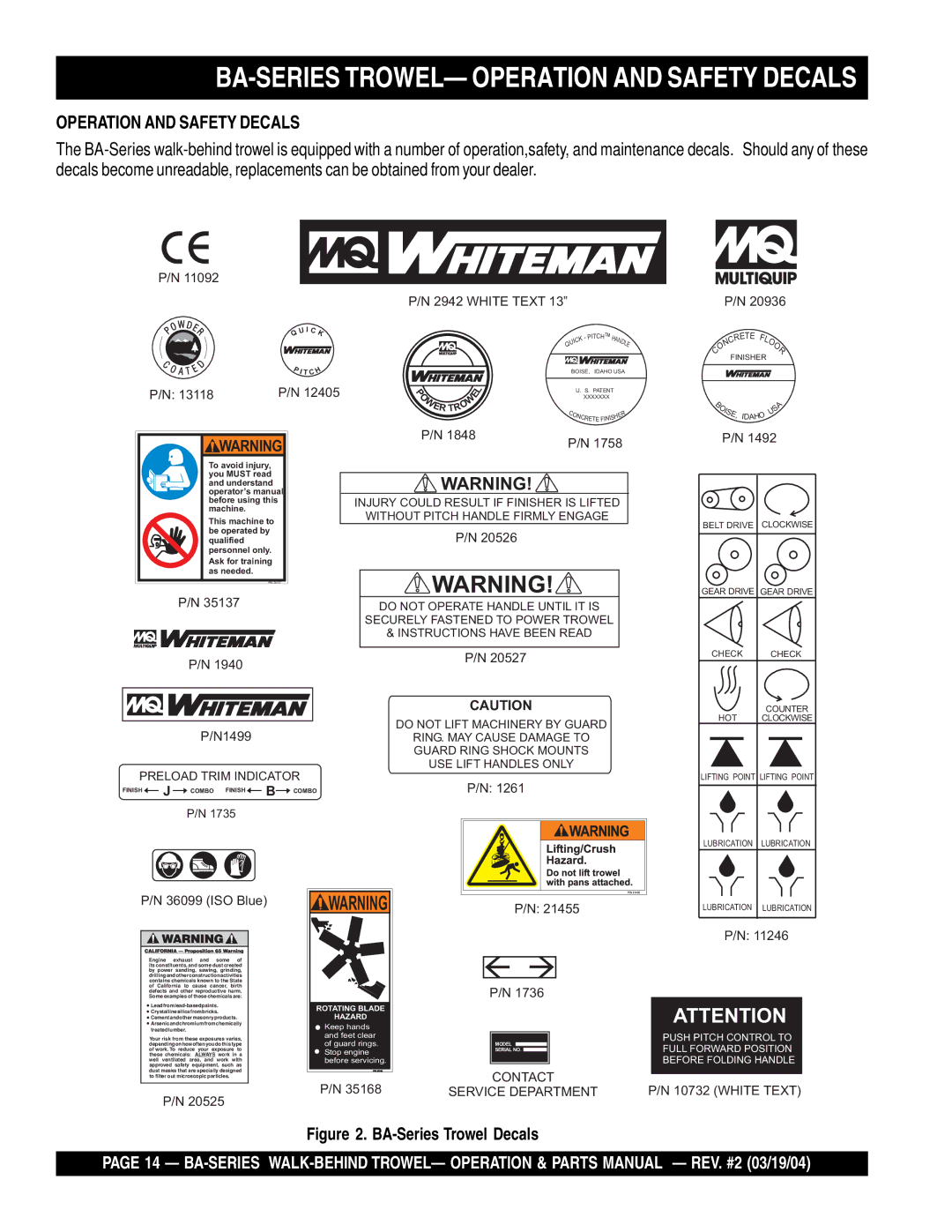 Multiquip manual BA-SERIES TROWEL- Operation and Safety Decals, BA-Series Trowel Decals 