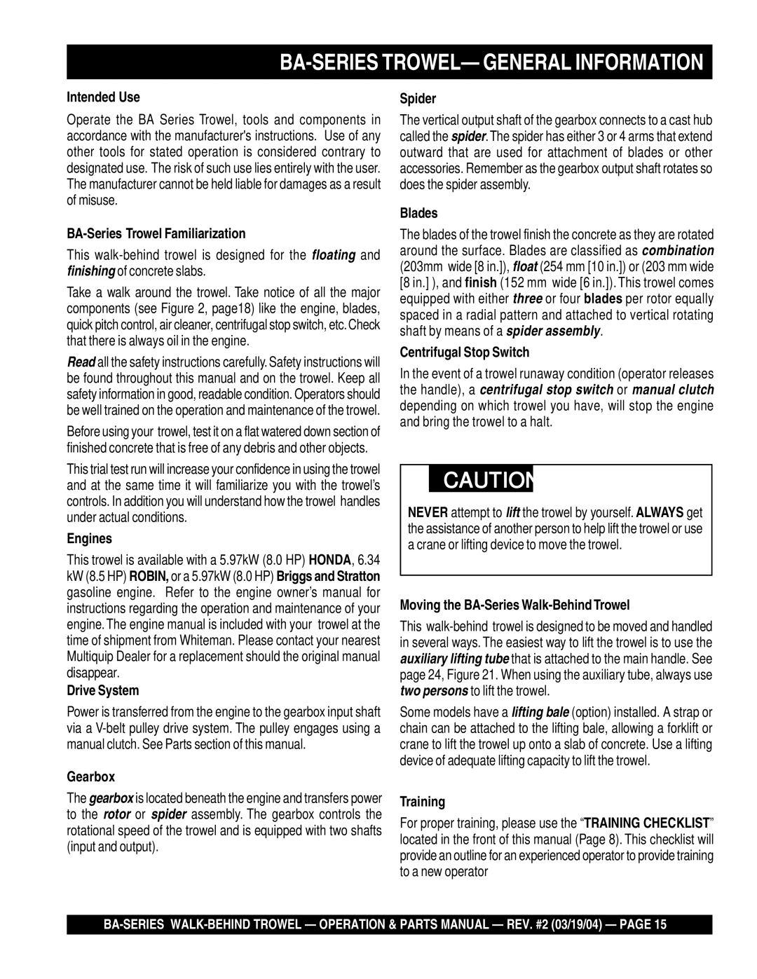 Multiquip manual BA-SERIES TROWEL- General Information 