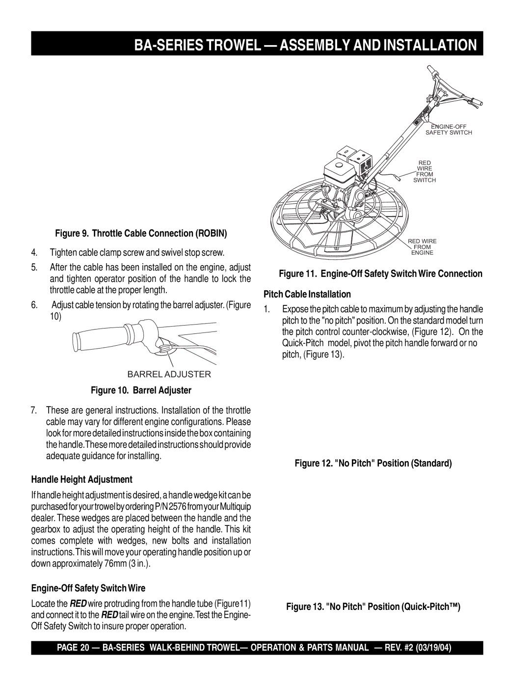 Multiquip manual BA-SERIES Trowel Assembly and Installation, Tighten cable clamp screw and swivel stop screw 