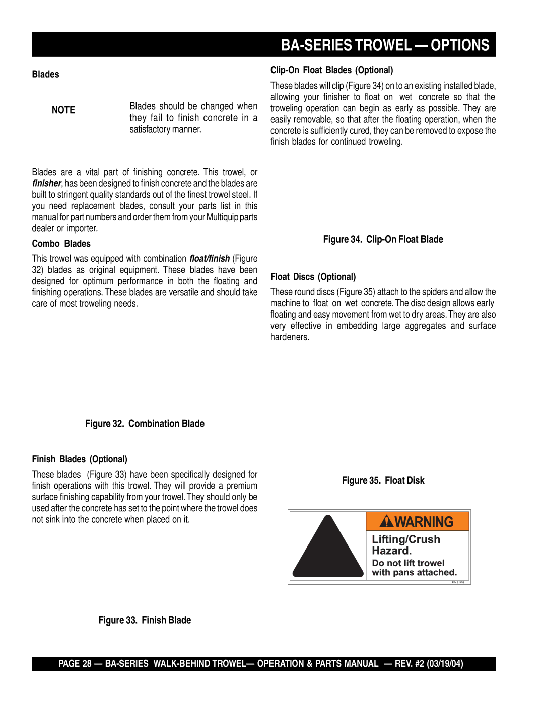 Multiquip manual BA-SERIES Trowel Options, They fail to finish concrete in a, Satisfactory manner, Combo Blades 