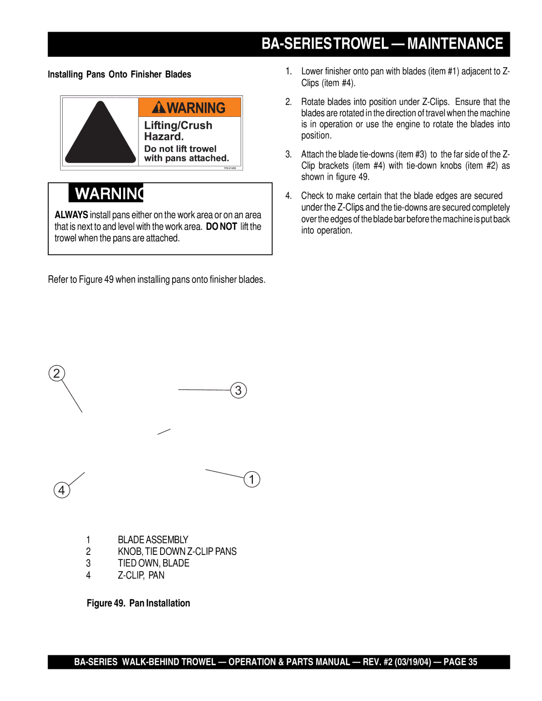 Multiquip BA-SERIESTROWEL Maintenance, Installing Pans Onto Finisher Blades, Clips item #4, Position, Shown in figure 