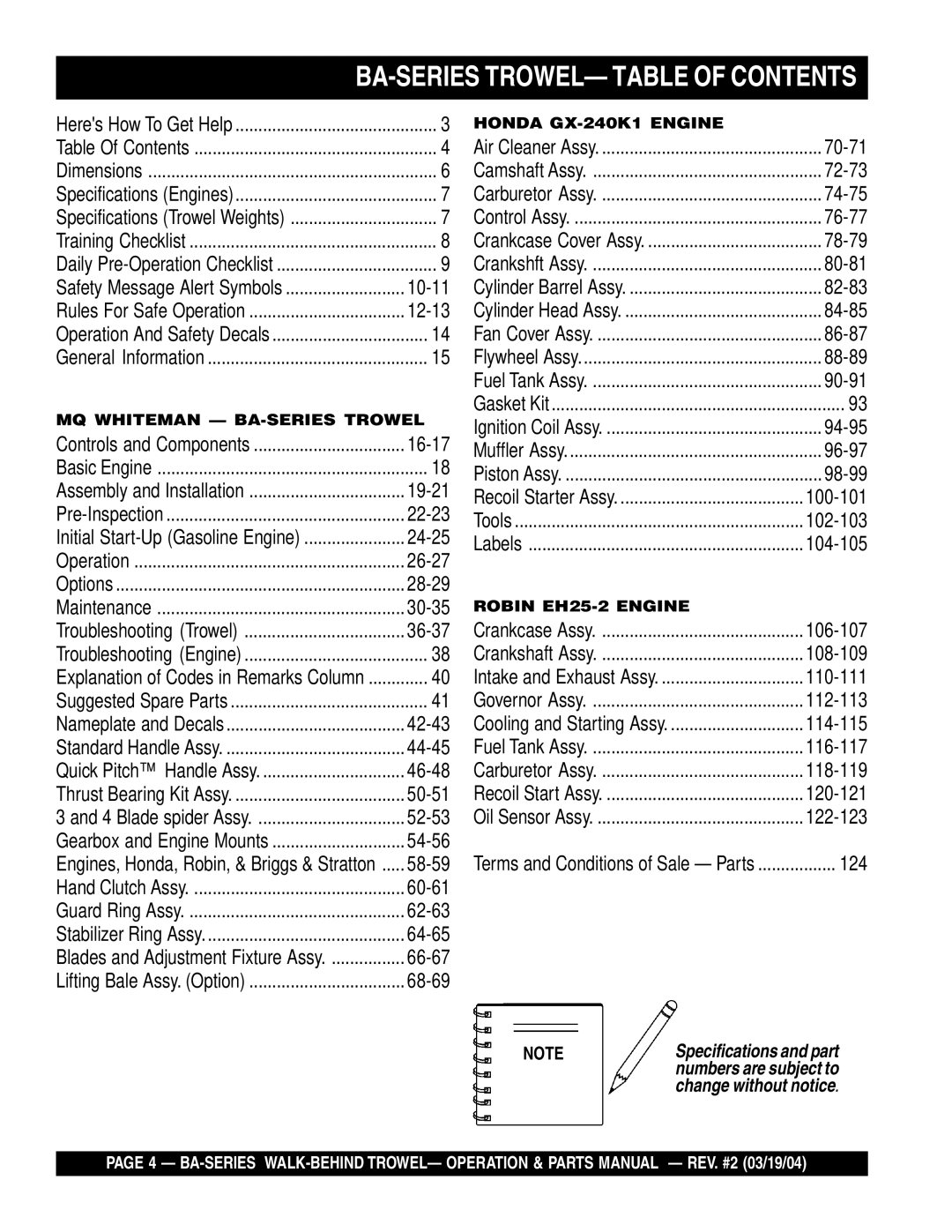 Multiquip manual BA-SERIES TROWEL- Table of Contents 