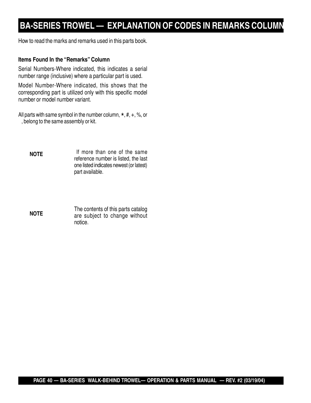 Multiquip manual BA-SERIES Trowel Explanation of Codes in Remarks Column 