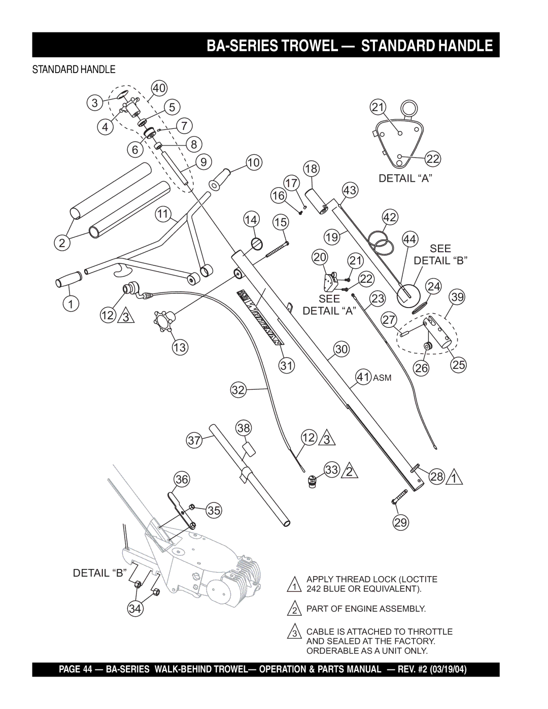 Multiquip manual BA-SERIES Trowel Standard Handle 