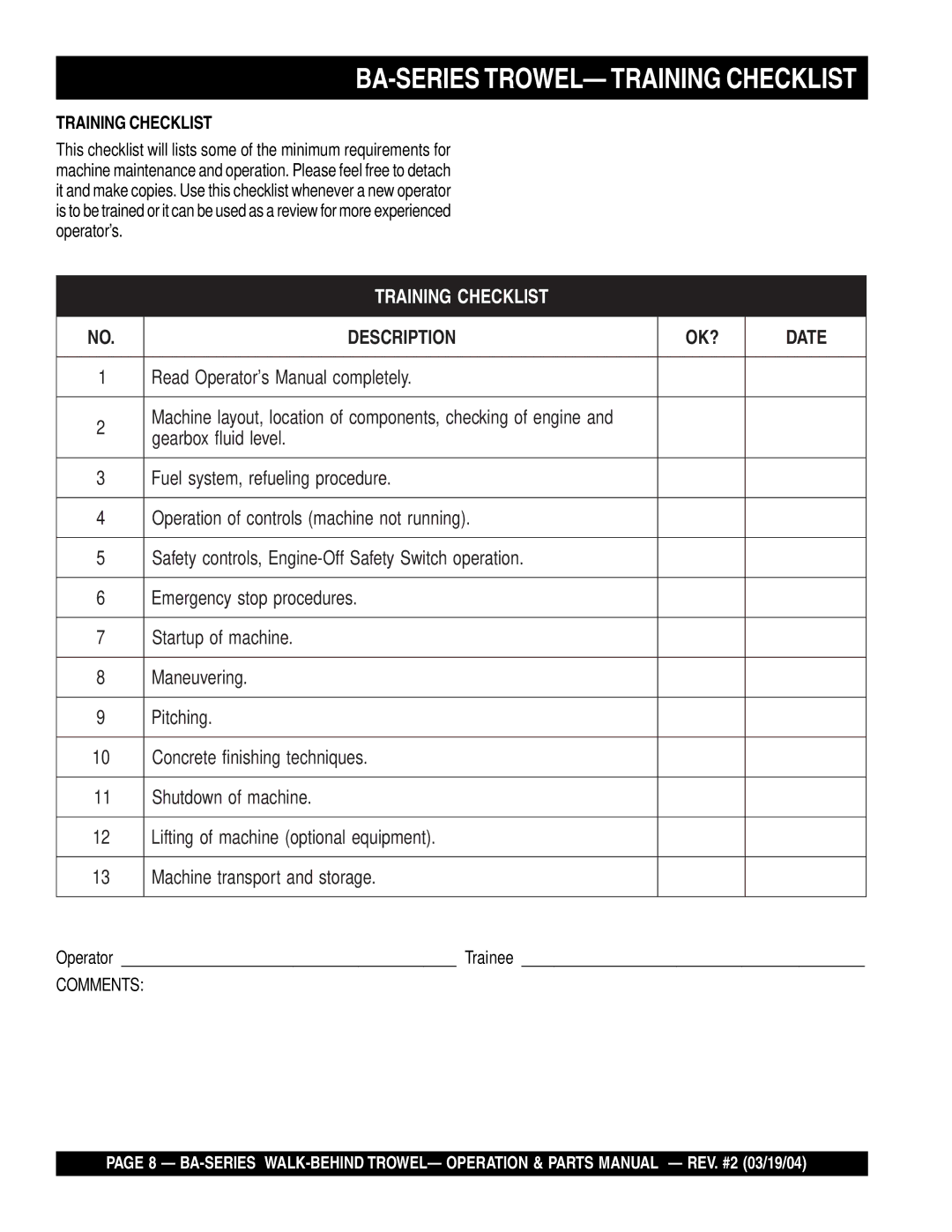 Multiquip manual BA-SERIES TROWEL- Training Checklist 