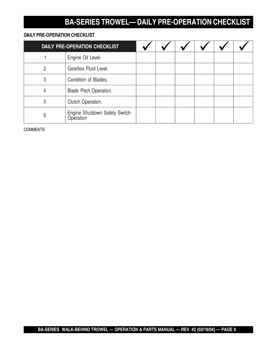 Multiquip manual BA-SERIES TROWEL- Daily PRE-OPERATION Checklist 