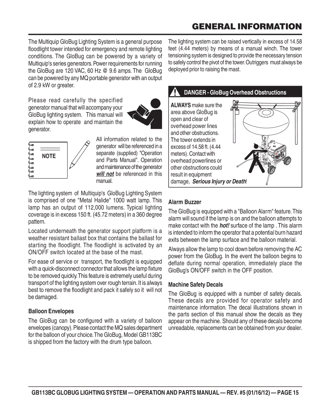 Multiquip BG113BC manual General Information, Balloon Envelopes, Alarm Buzzer, Machine Safety Decals 