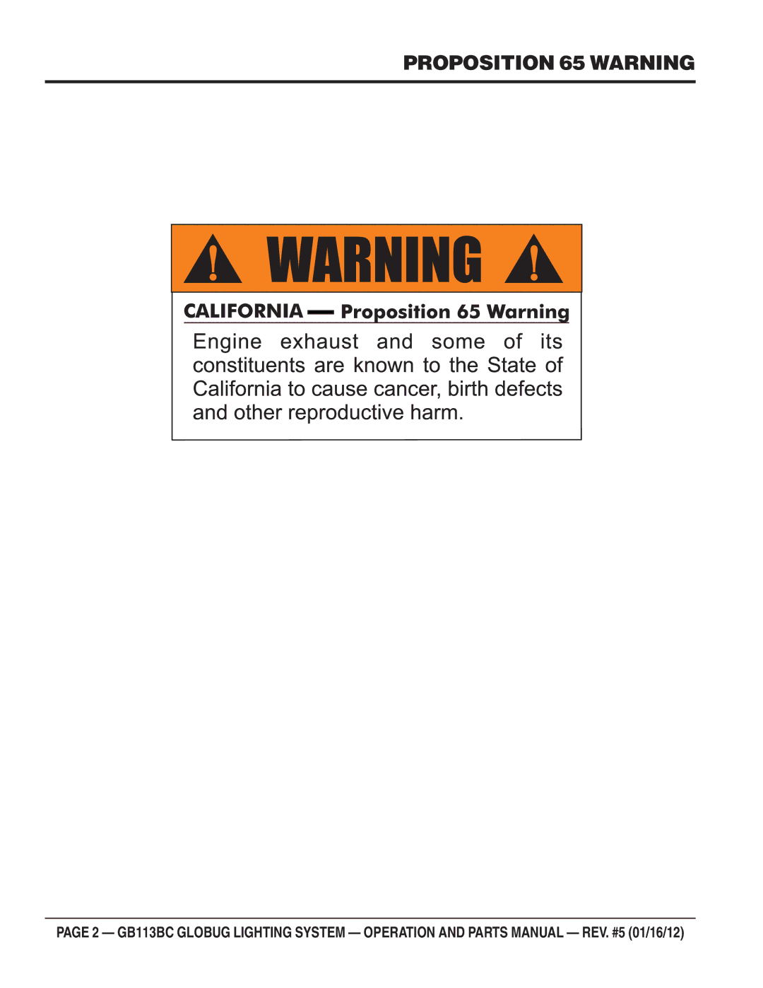 Multiquip BG113BC manual Proposition 65 Warning 